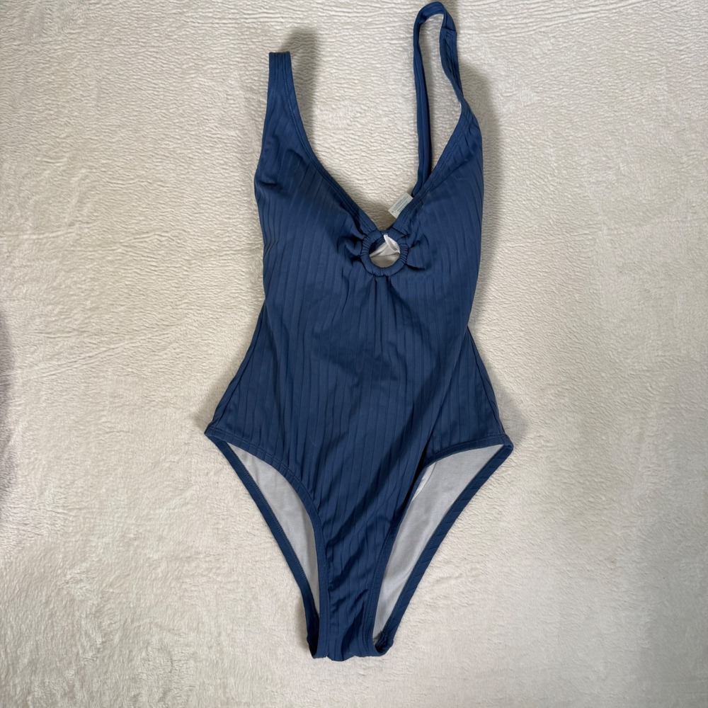 Kona Sol Womens Blue Ribbed Ring Detail‎ Cutout One Piece Swimsuit Size M